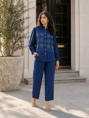 Navy Blue Embroidered Co-ord Set in Cotton