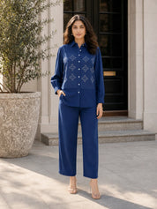 Navy Blue Embroidered Co-ord Set in Cotton