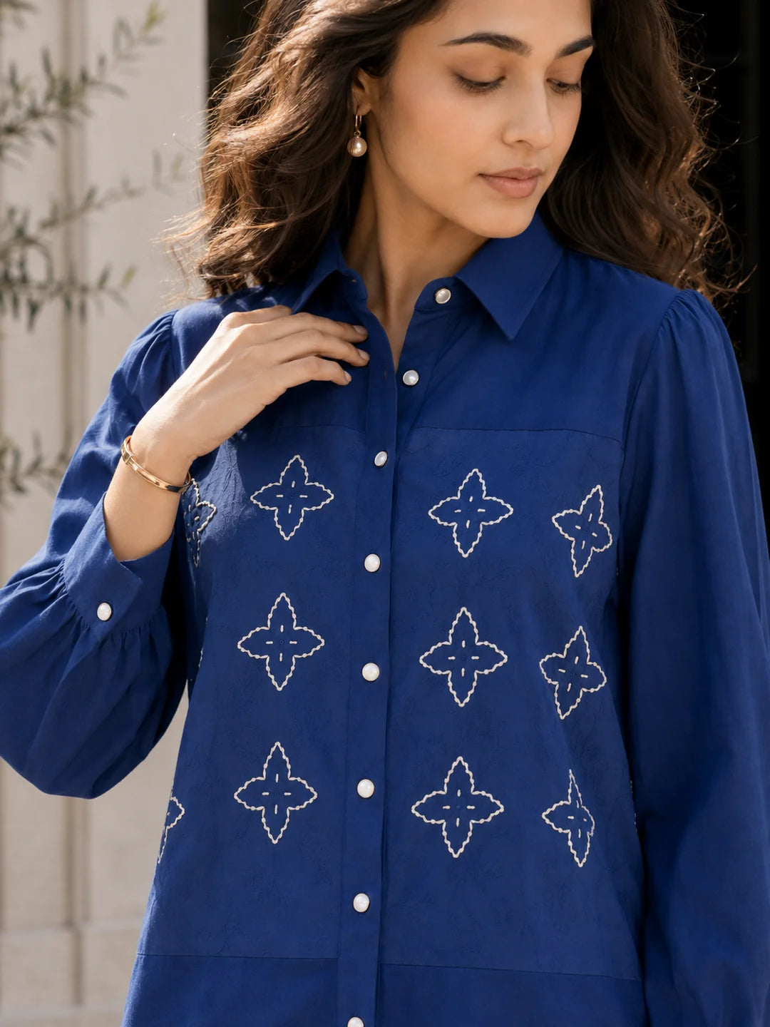 Navy Blue Embroidered Co-ord Set in Cotton