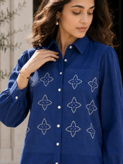 Navy Blue Embroidered Co-ord Set in Cotton