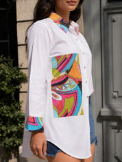 White Cotton Shirt with Pop Art Print and Rhinestone Accents