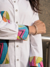 White Cotton Shirt with Pop Art Print and Rhinestone Accents