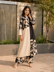 Black & Cream Placement Floral Kurta Pant Set in German Rayon