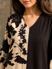 Black & Cream Placement Floral Kurta Pant Set in German Rayon