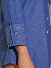 Blue Twill Weave Textured Cotton Shirt with Rhinestone Details
