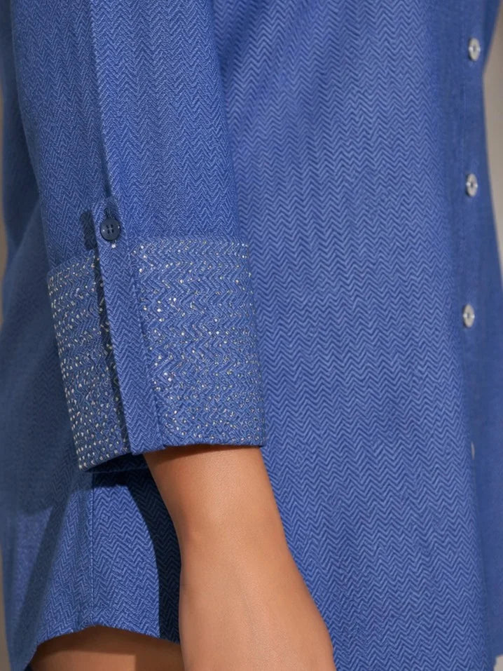 Blue Twill Weave Textured Cotton Shirt with Rhinestone Details