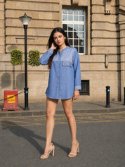 Blue Cotton Twill Weave Shirt with Rhinestone Accents