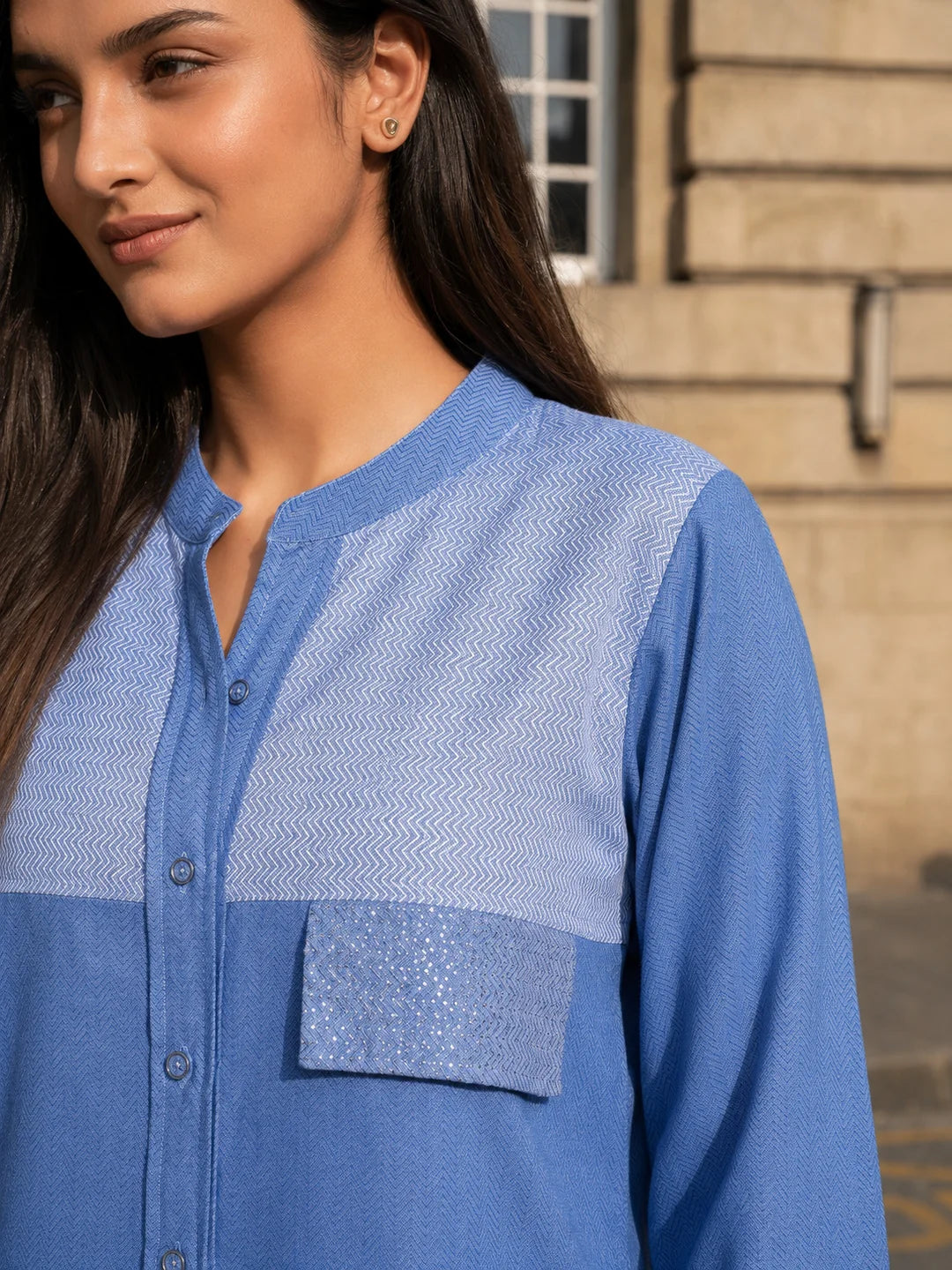 Blue Cotton Twill Weave Shirt with Rhinestone Accents