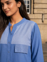 Blue Cotton Twill Weave Shirt with Rhinestone Accents