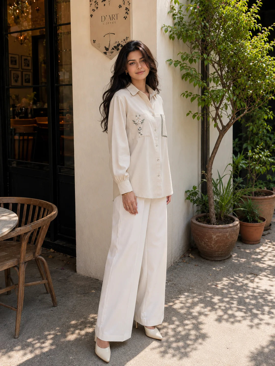 Beige Linen Shirt with Thread Work Embroidery