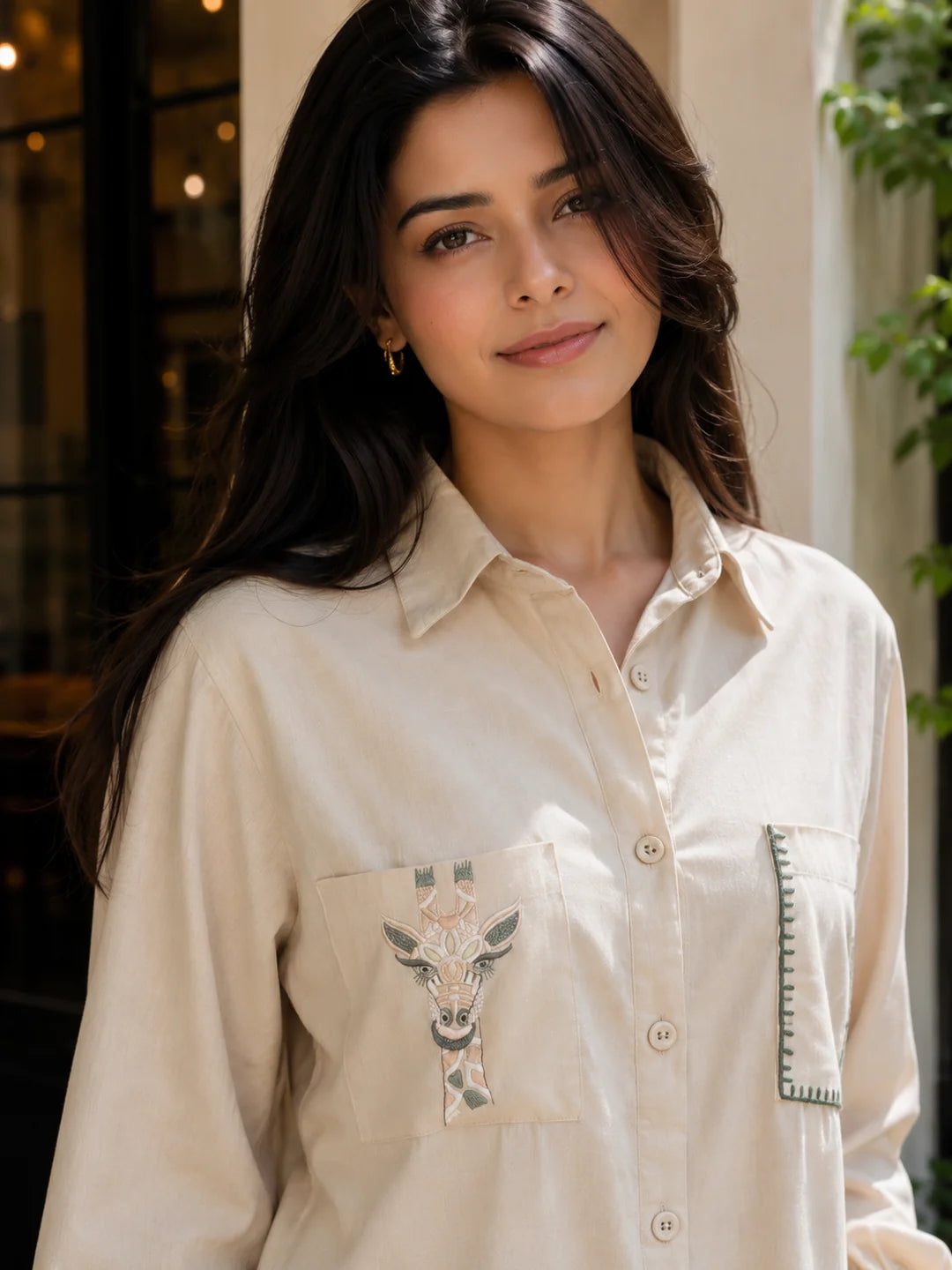 Beige Linen Shirt with Thread Work Embroidery