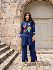 Dark Blue Embroidered Dola Silk Tunic & Trouser Co-Ord Set