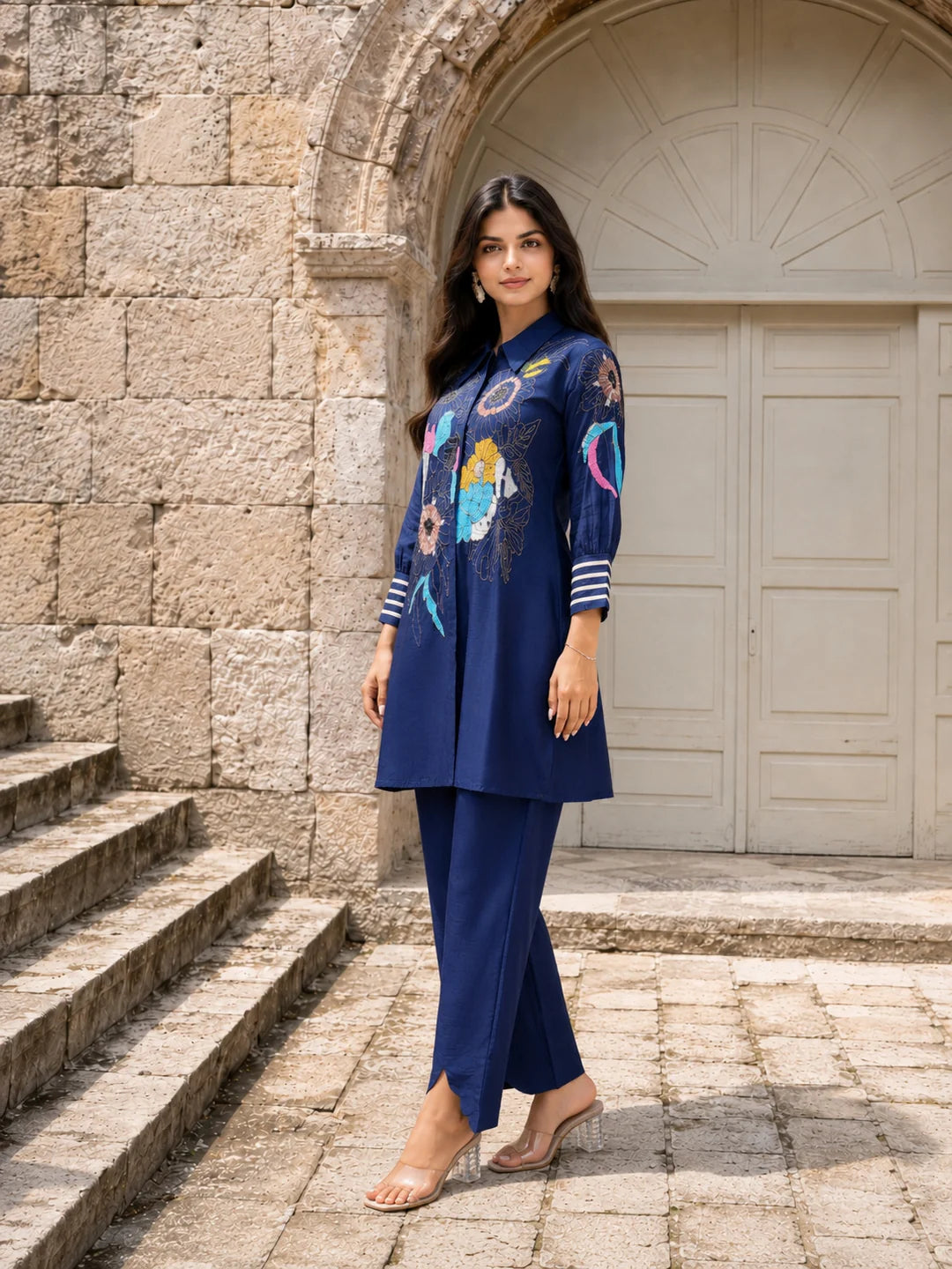Dark Blue Embroidered Dola Silk Tunic & Trouser Co-Ord Set