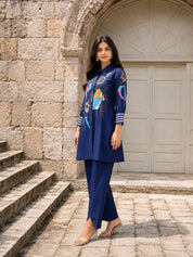 Dark Blue Embroidered Dola Silk Tunic & Trouser Co-Ord Set