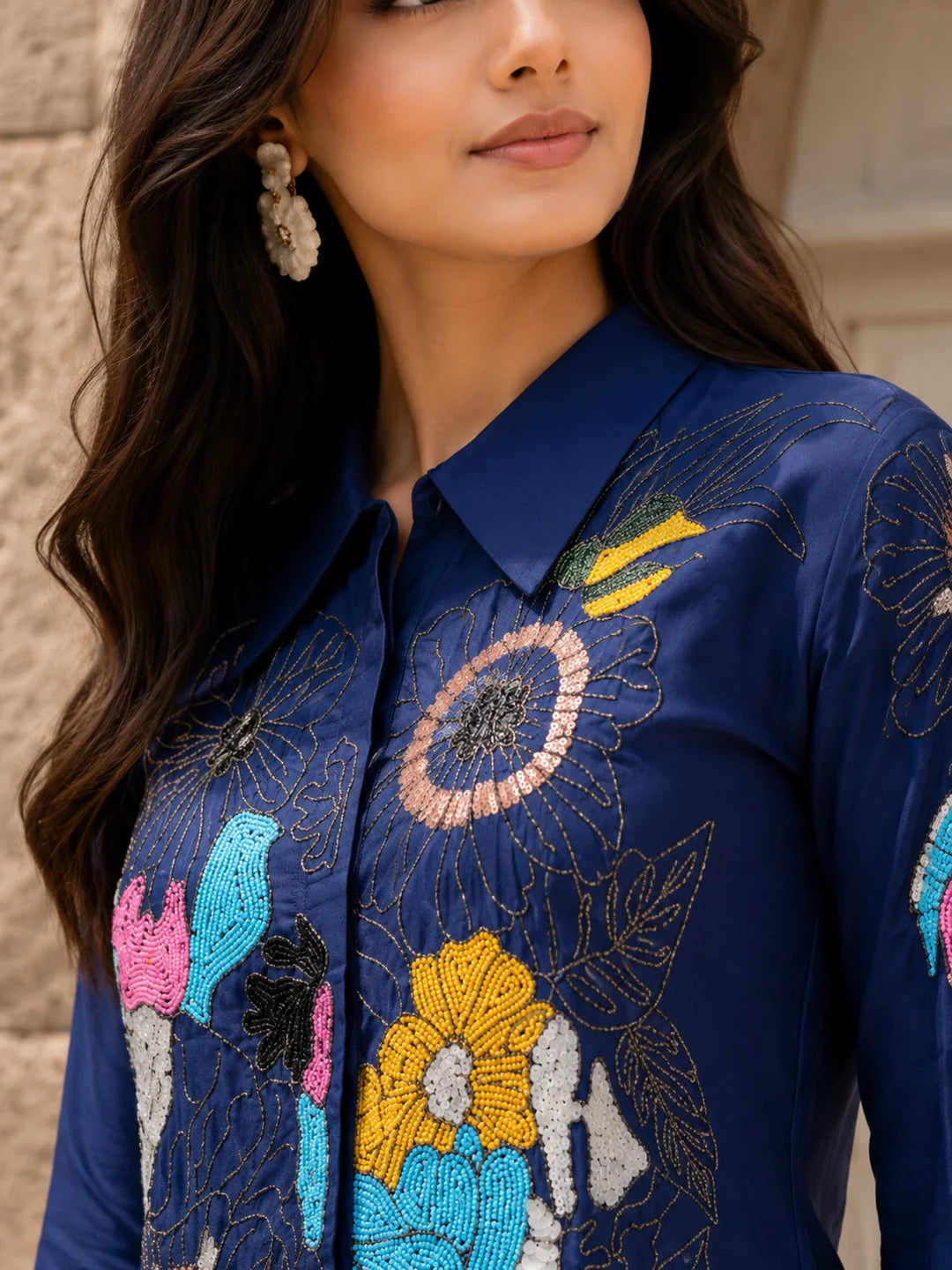 Dark Blue Embroidered Dola Silk Tunic & Trouser Co-Ord Set