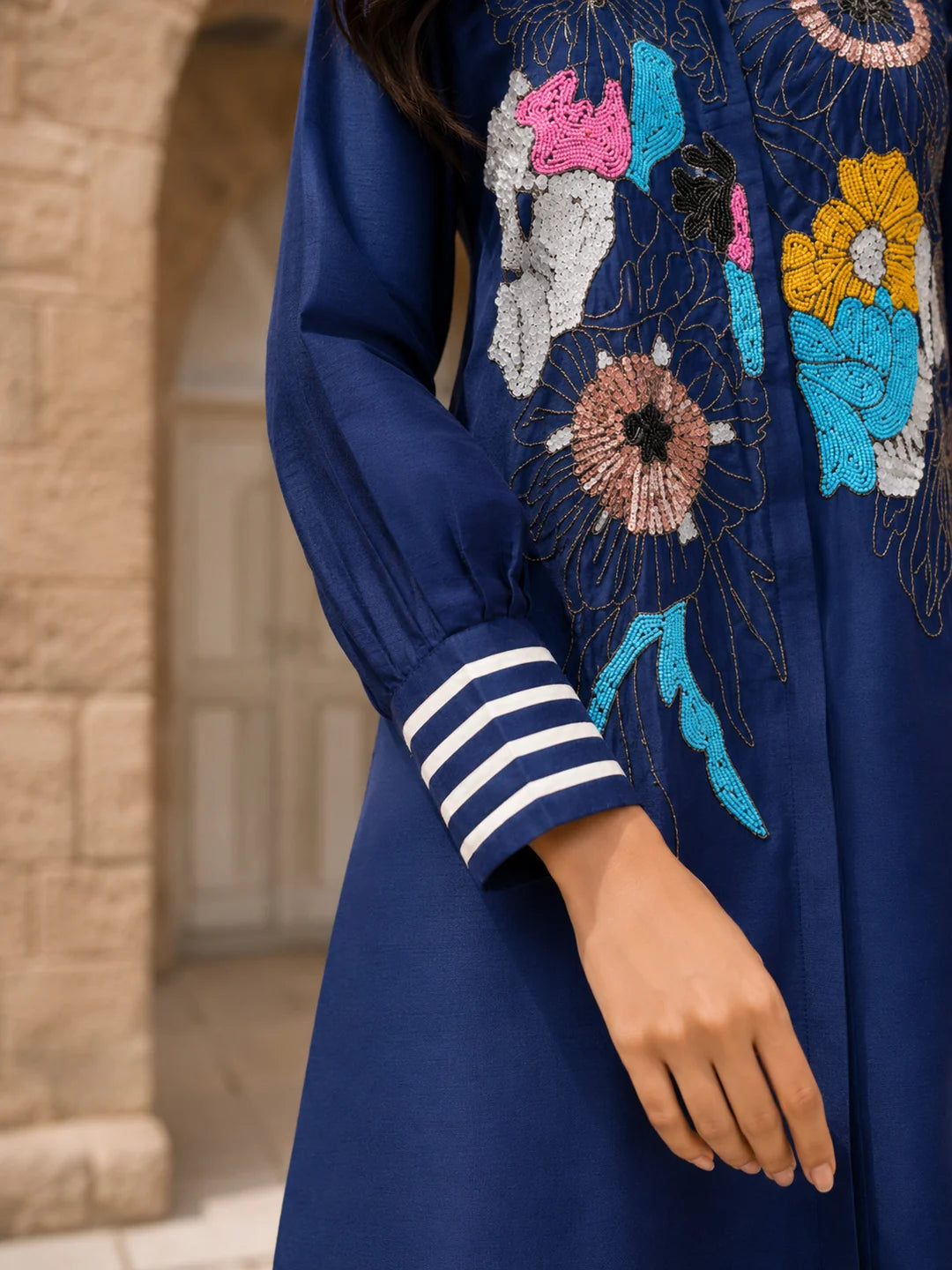 Dark Blue Embroidered Dola Silk Tunic & Trouser Co-Ord Set
