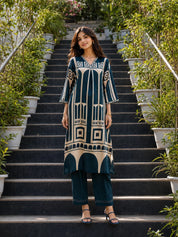 Blue Abstract Geometric Rayon Print Ethnic Set