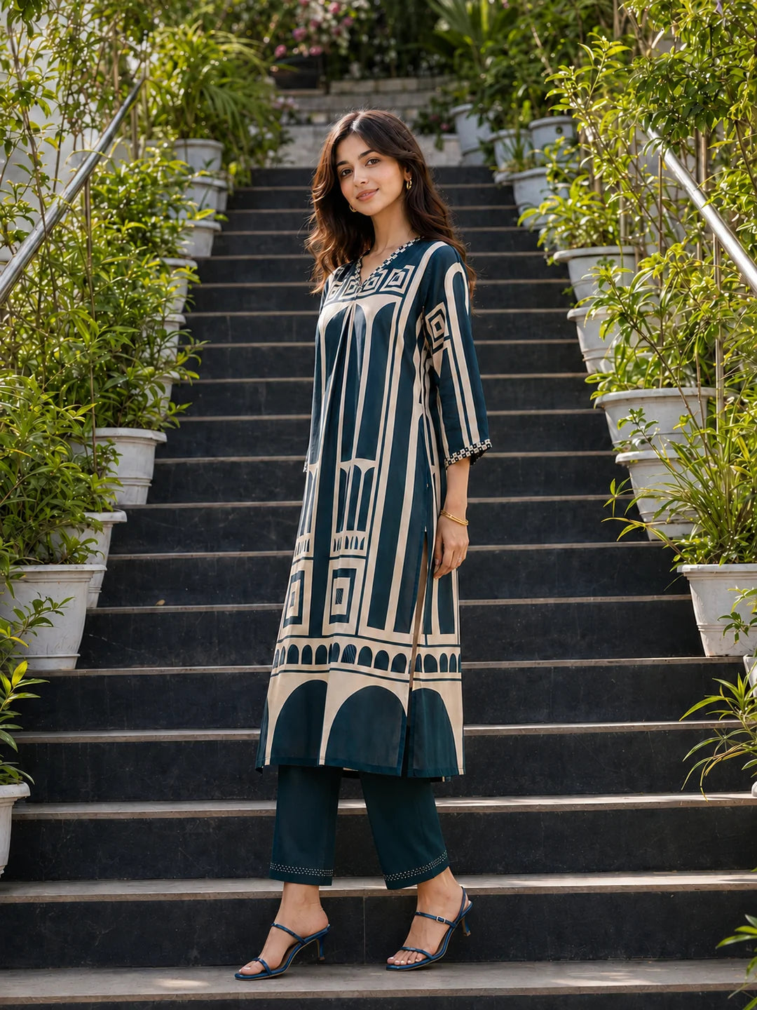 Blue Abstract Geometric Rayon Print Ethnic Set