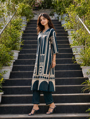 Blue Abstract Geometric Rayon Print Ethnic Set