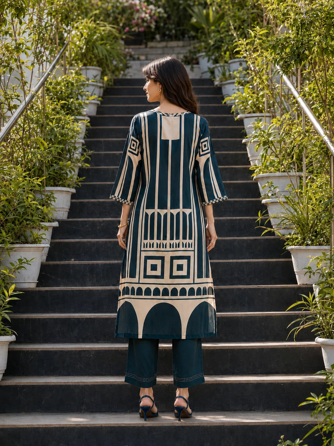 Blue Abstract Geometric Rayon Print Ethnic Set