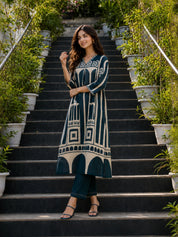 Blue Abstract Geometric Rayon Print Ethnic Set
