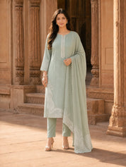 Sage Green Paisley Embroidery Organza Ethnic Set With Dupatta