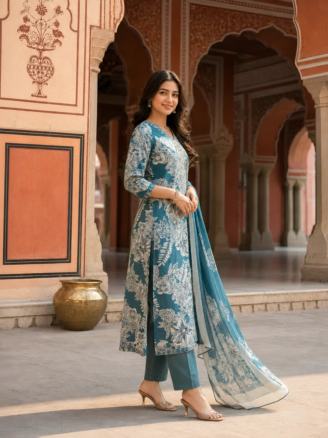 Blue Turquoise Floral Printed Ethnic German Rayon Set with dupatta