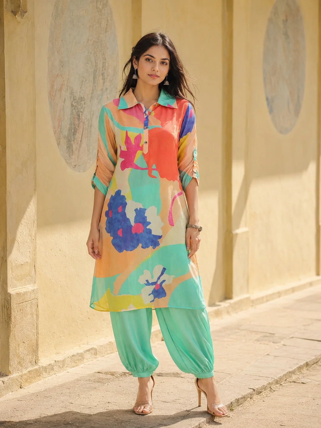 Sea Green Abstract Printed Shirt Style Kurta With Indowestern Salvar