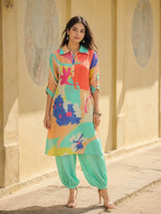 Sea Green Abstract Printed Shirt Style Kurta With Indowestern Salvar