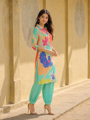 Sea Green Abstract Printed Shirt Style Kurta With Indowestern Salvar