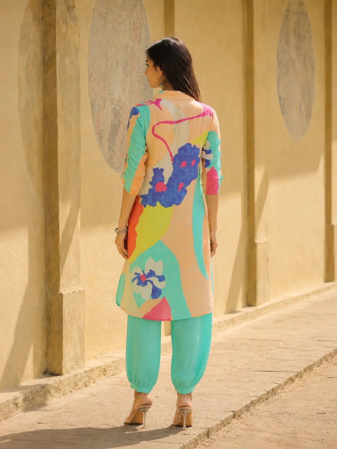 Sea Green Abstract Printed Shirt Style Kurta With Indowestern Salvar