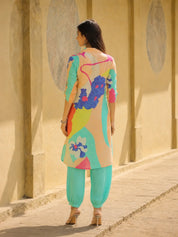 Sea Green Abstract Printed Shirt Style Kurta With Indowestern Salvar