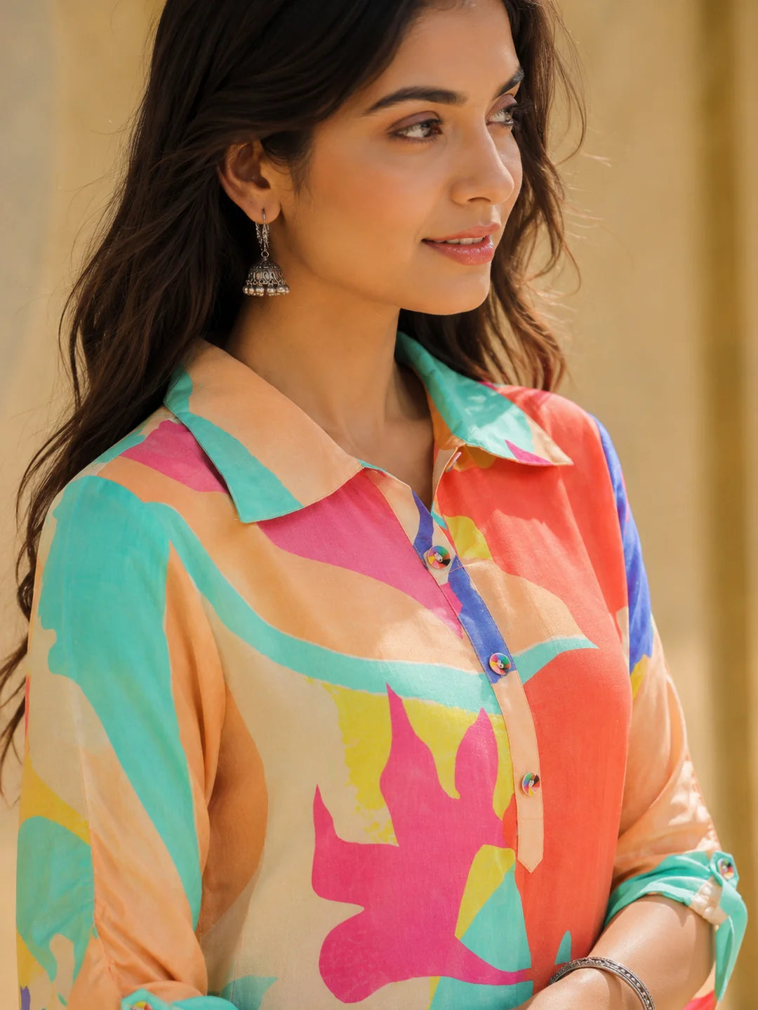 Sea Green Abstract Printed Shirt Style Kurta With Indowestern Salvar