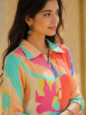 Sea Green Abstract Printed Shirt Style Kurta With Indowestern Salvar