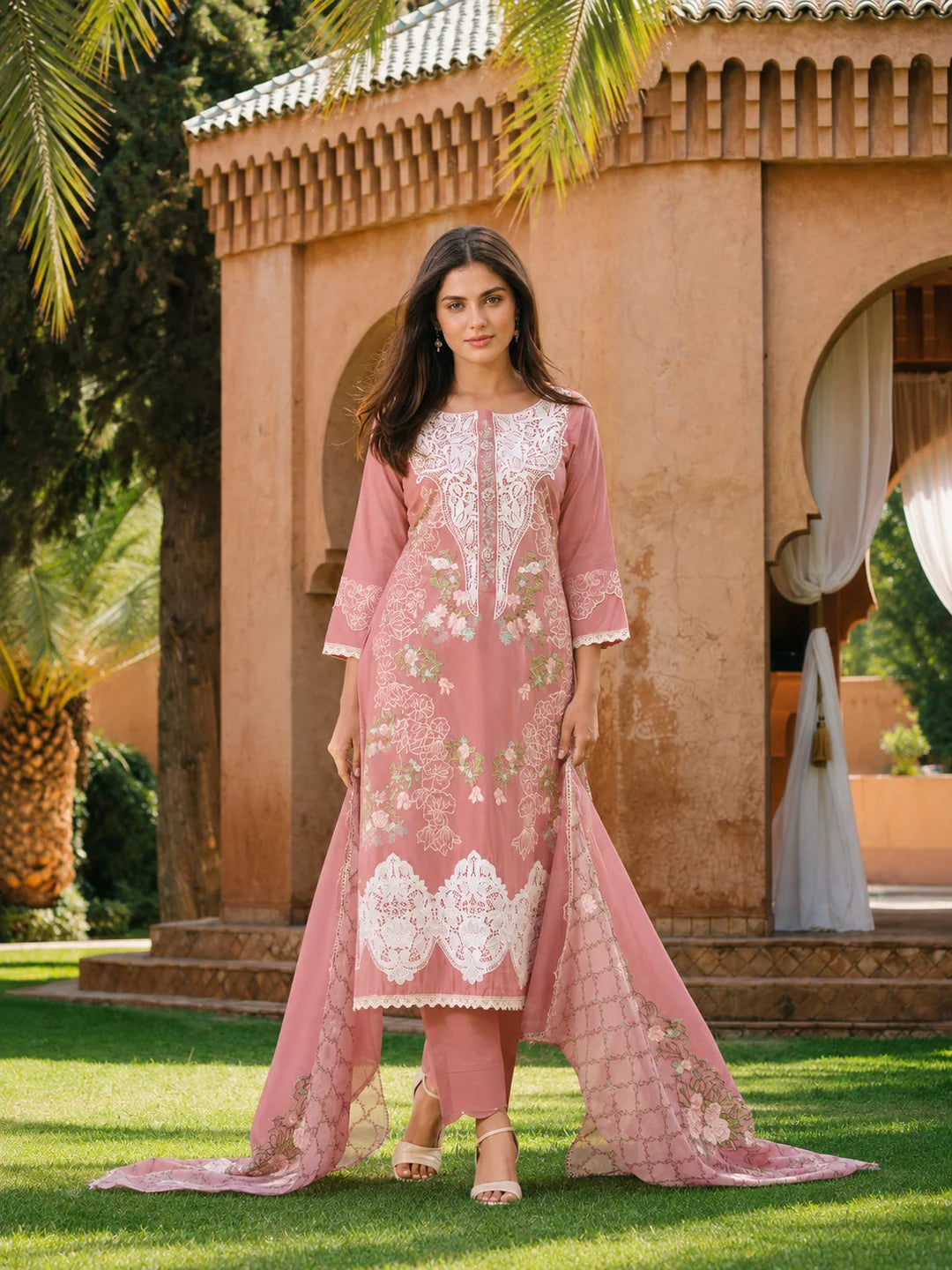 Pastel Peach Pakistani Work Ethnic Cotton Set With Dupatta