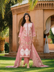 Pastel Peach Pakistani Work Ethnic Cotton Set With Dupatta