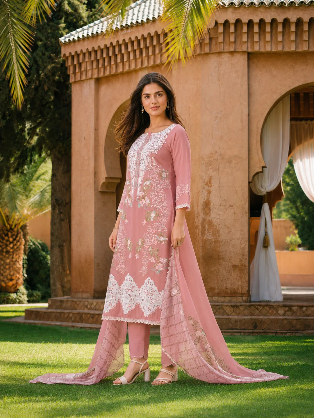 Pastel Peach Pakistani Work Ethnic Cotton Set With Dupatta