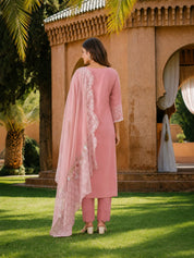 Pastel Peach Pakistani Work Ethnic Cotton Set With Dupatta