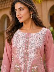 Pastel Peach Pakistani Work Ethnic Cotton Set With Dupatta