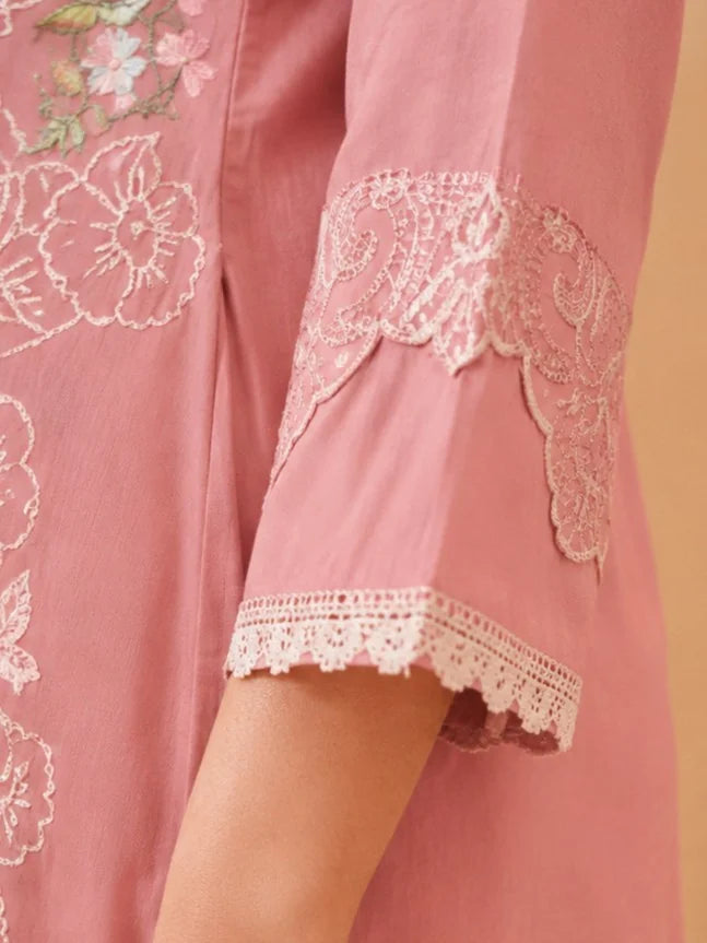 Pastel Peach Pakistani Work Ethnic Cotton Set With Dupatta