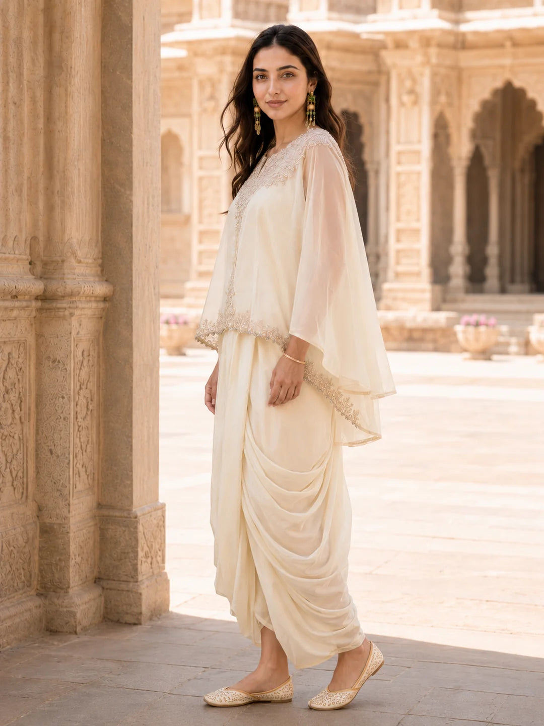 Cream 3 Pc Fusion Cape & Dhoti Skirt Set in Crepe