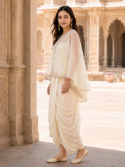 Cream 3 Pc Fusion Cape & Dhoti Skirt Set in Crepe