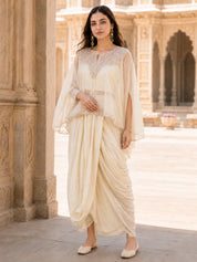 Cream 3 Pc Fusion Cape & Dhoti Skirt Set in Crepe