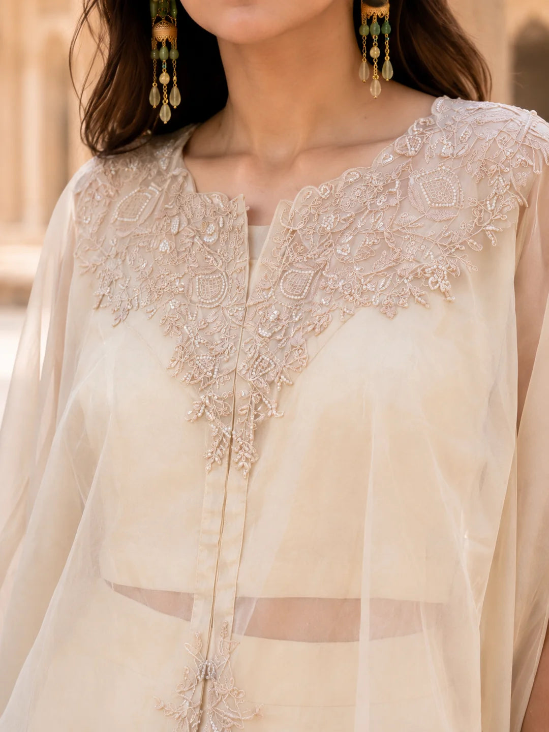 Cream 3 Pc Fusion Cape & Dhoti Skirt Set in Crepe