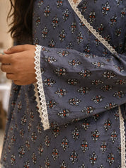 Grey Floral Buti Printed Angrakha Style Short Kurti in Cotton