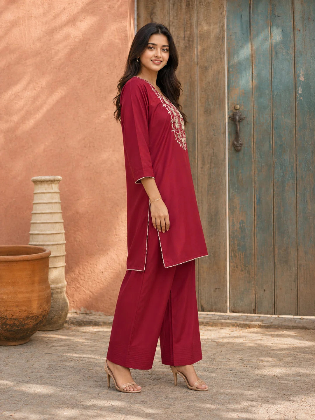 Red Gota & Mirror Embroidered Farsi Kurta Set in Crepe Blend