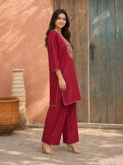 Red Gota & Mirror Embroidered Farsi Kurta Set in Crepe Blend