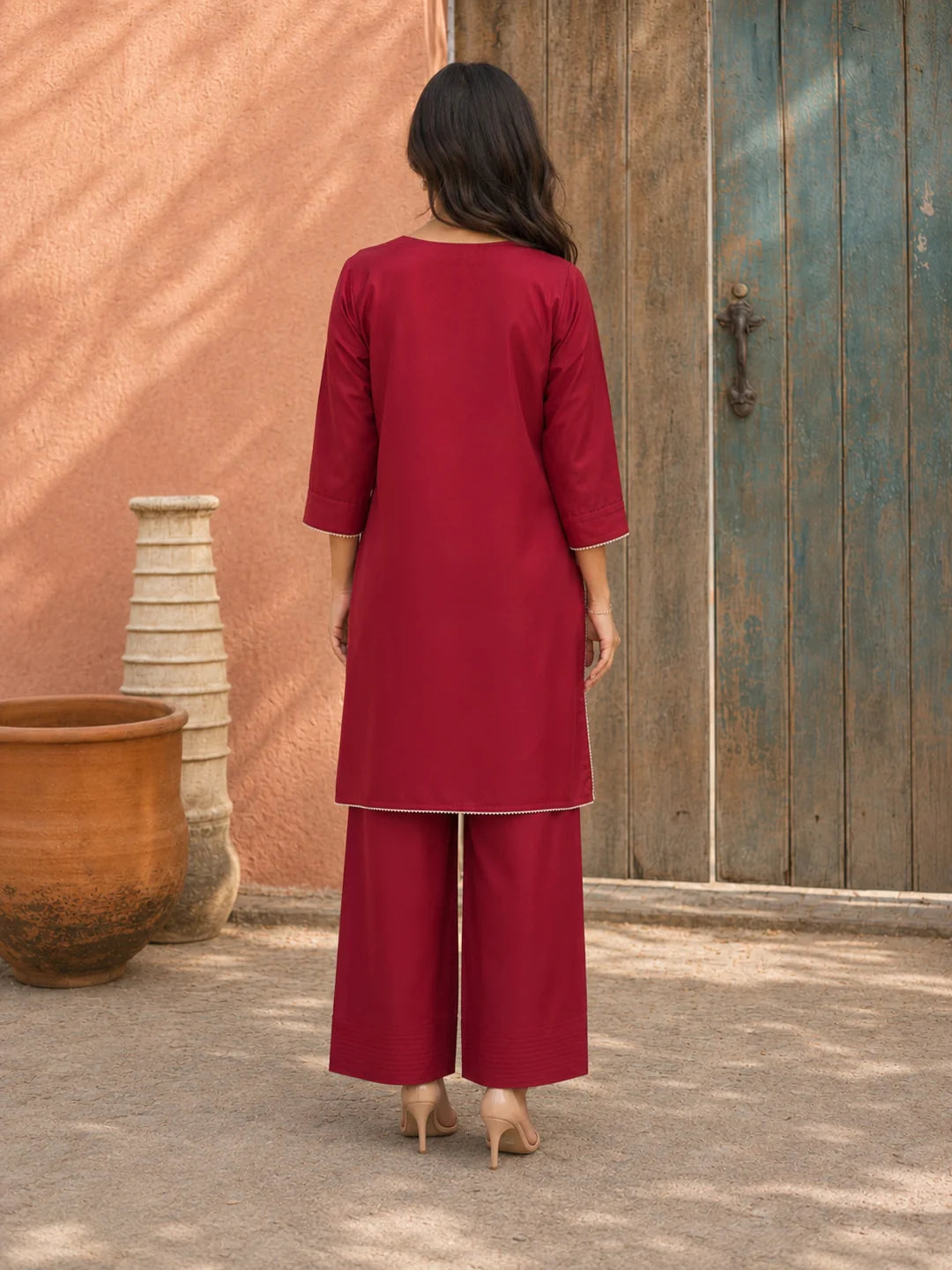 Red Gota & Mirror Embroidered Farsi Kurta Set in Crepe Blend