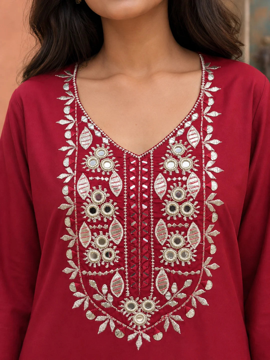 Red Gota & Mirror Embroidered Farsi Kurta Set in Crepe Blend