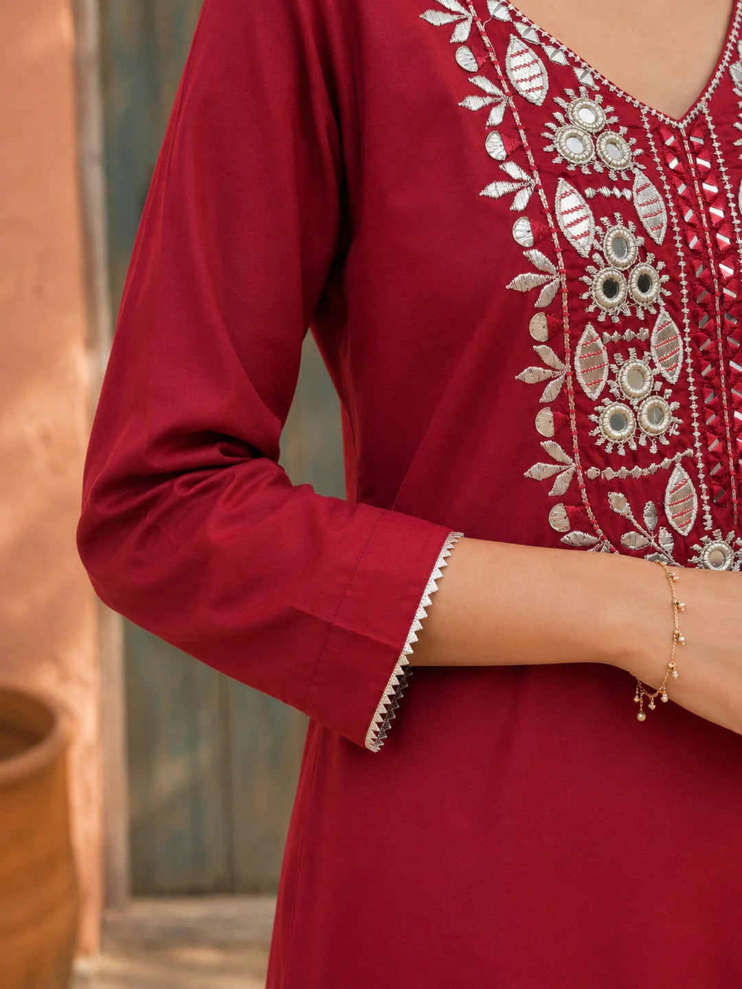 Red Gota & Mirror Embroidered Farsi Kurta Set in Crepe Blend
